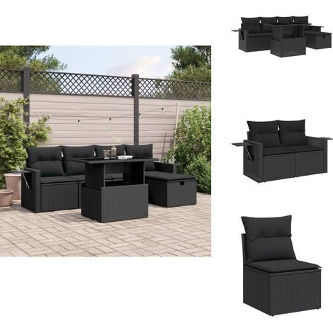 Salon de jardin 6 pcs avec coussins noir résine tressée - Ensemble Salon De Jardin - Mobilier De Jardin - Salon Extérieur - Table Basse Extensible - Chaise Longue (1/5)