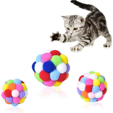 Balles en peluche pour chat - Lot de 3 - Polyester multicolore - Avec clochette sonore - Jeu interactif chaton et adulte - Tailles 4, 5 et 6 cm (1/5)