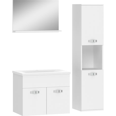 Ensemble de meubles de salle de bain 4 pièces à fixer au mur, comprenant un miroir, un meuble-lavabo, un lavabo et une armoire haute, blanc (1/5)