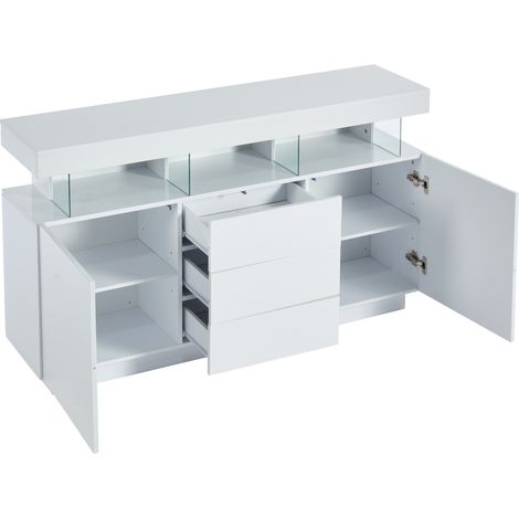 Buffet moderne 140 x 35 x 80 cm, buffet brillant, bar à café, buffet en acrylique avec bande LED 16 couleurs, adapté à la salle à manger, à la cuisine et au couloir (blanc) (1/5)
