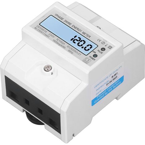 Compteur électrique monophasé 2 conducteurs rail DIN 4P intelligent avec écran LCD, 230VAC 50Hz, mesureur d'énergie moderne pour tableau électrique. (1/5)