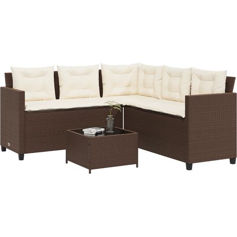 Gartensofa in L-Form mit Tisch und Kissen Braun Poly Rattan