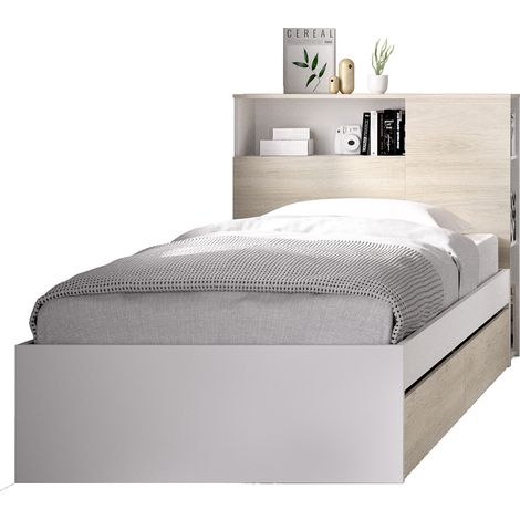 Tête de lit + structure de lit avec 2 tiroirs en bois coloris chêne naturel, blanc - Longueur 218 x Profondeur 97,50 x Hauteur 95 cm (1/3)