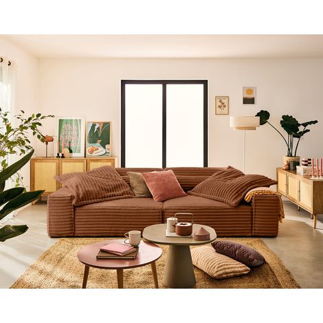 Richie - 3-sitzer einzelsofa mit doppelter récamiere - tiefe sitzfläche - aus geripptem kunstpelz - rostfarben