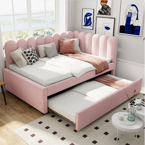 Canapé d'angle convertible 140x200 cm velours rose HAVRYA (1/5)