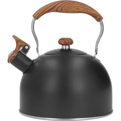 SABIR-Théière sifflante HURRISE 2,5 L en acier inoxydable avec poignée et motif bois, idéale pour le thé, le café, le lait et l'eau. (1/4)