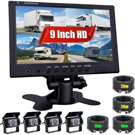Véhicule Caméra de recul 22,9 cm/9 Pouces Moniteur 4 Split Front View, Camera recul Camion 18 IR étanche Vision de Nuit avec 0,6 x 10,1 m et 0,6 x 19,8 m Câbles pour RV, remorque, Bus (1/5)