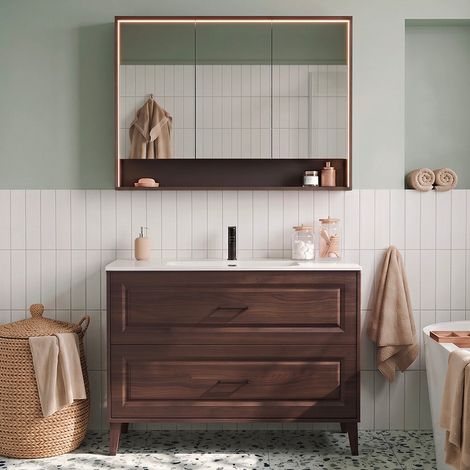 Waschtisch-Set Einzelwaschbecken Einbau 120cm und Spiegelschrank Moka Dunkles Holz (1/5)