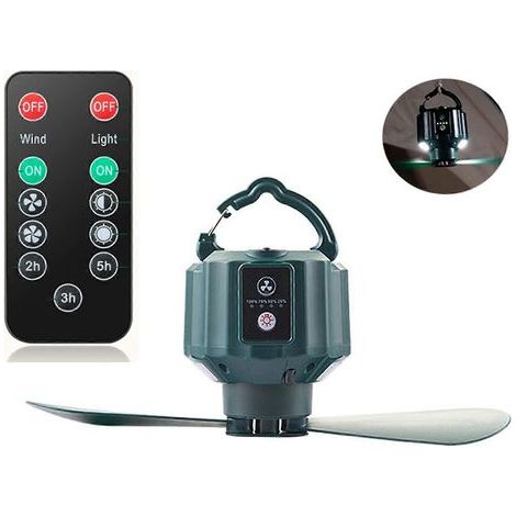 Ventilateur de plafond avec télécommande 5200 mAh/10400 mAh, port USB Type-C, ventilateur de camping avec LED intégrée, vert (1/4)