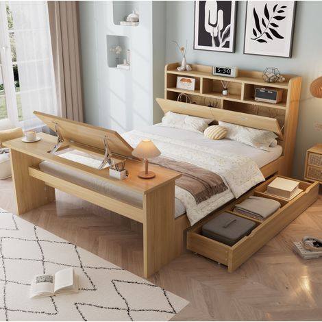 Cama con espacio de almacenamiento de 140x200 cm con cabecero con estante y mesa plegable ajustable, madera natural. (1/5)