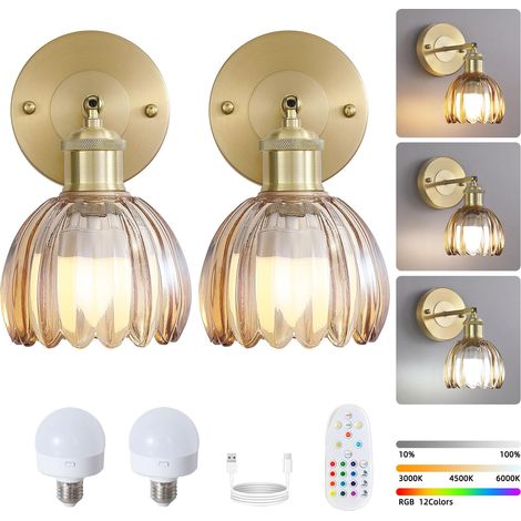 Lot de 2 appliques murales LED rechargeables avec télécommande, lampe de chevet sans fil, intensité variable, changement de couleur RVB, 3 000K-6 000K (1/5)