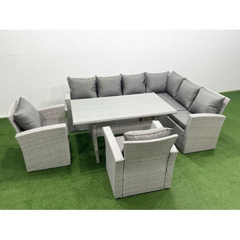 Fimous Rattan Garden Furniture Set Outdoor 8 Seater Patio Dining Corner Sofa Sets with Dining Table Chair Light Grey Mixed (1/5)