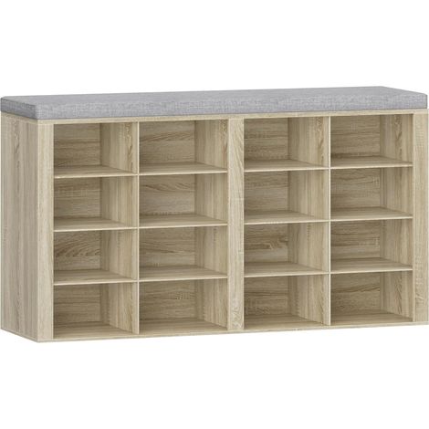 Banc à chaussures avec rangement – 16 compartiments – Coussin amovible et lavable – Dimensions 30 x 104 x 59 cm – Matériau aggloméré