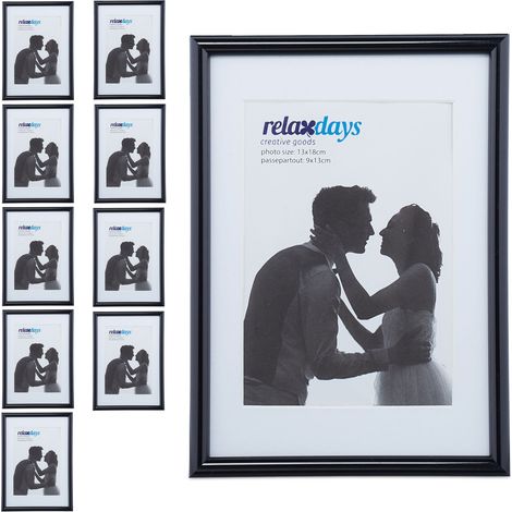 Relaxdays Set of 10 Photo Frames, 13 x 18 cm, Passepartout 9 x 13 cm, Standing or Hanging, Glass Front, Black