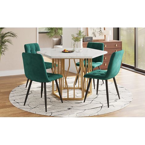 Ensemble de salle à manger avec table hexagonale effet marbre et 4 chaises en velours vert, pieds de table en métal doré. (1/5)