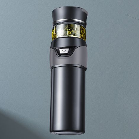 Gobelet isotherme à double paroi en acier inoxydable avec infuseur intégré, gris, idéal pour le bureau et la maison. (1/5)