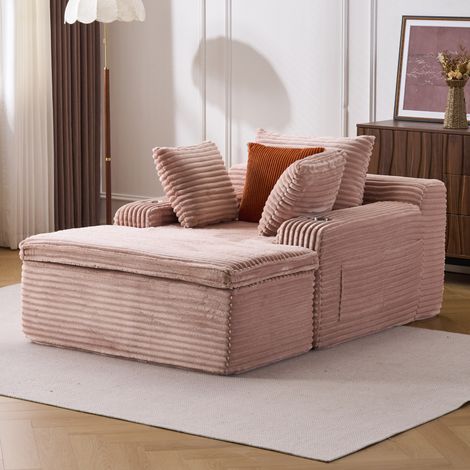 Canapé de sol avec méridienne en velours côtelé rose 165x112x63 cm, 3 coussins, REDOM (1/5)