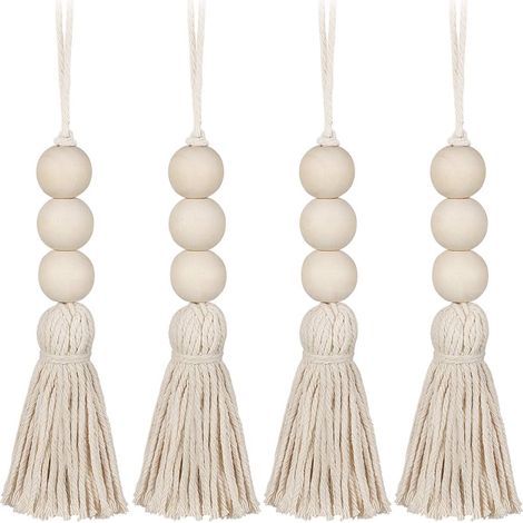 4Pcs Gland Perles en Bois Ferme Perles Glands Perles de Prière Naturelles Coton Ligne Décorative Tenture Murale Pompon Perle Pendentif pour Placard Armoire Porche (1/5)