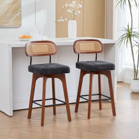 Set de 2 Tabourets de Bar Pivotants à 360° avec Dossier en Rotin, Tabourets de Cuisine et de Comptoir avec Assise Rembourrée en Chenille, Style Mid-Century (Noir) (1/5)