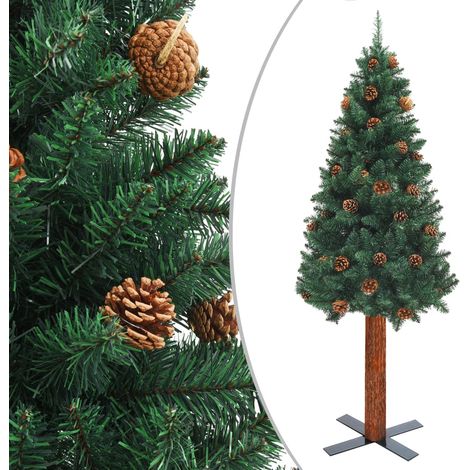 Sapin de Noël - Arbre de Noël mince avec bois véritable et cônes Vert 180cm PVC -WYW49996 (1/5)
