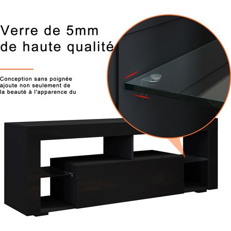 SIRHONA Meuble TV LED Noir avec 2 Compartiments et 1 Portes Bois, Meuble Télé avec Rangement en Verre LED éclairage RVB 16 Couleurs,140 cm