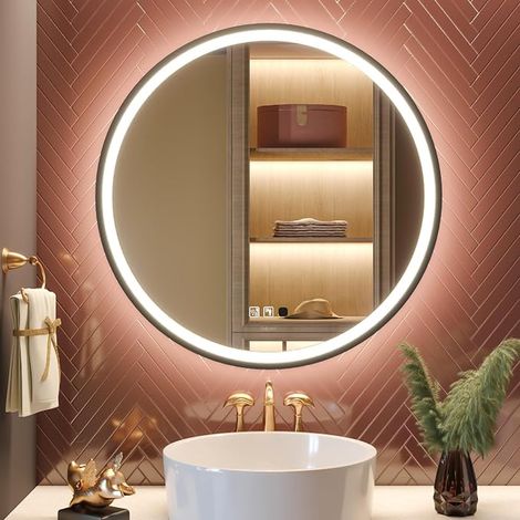 LED Sensor Round Vanity Mirror with Dimmable Lighting Anti-Fog Waterproof Bathroom Vanity Mirror Black 80L x 80W cm (1/5)