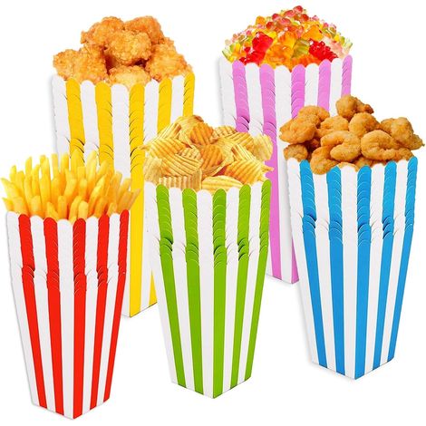 sacs à pop-corn - couleurs rayées en papier - Boîtes à pop-corn pour cinéma, fête et soirée cinéma, conteneurs à goûter pour bonbons, biscuits et fête d'anniversaire (1/5)