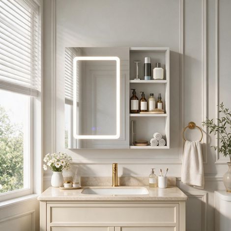Armoire de toilette miroir LED 1 porte 60×60 cm, anti‑buée, étagères latérales, éclairage tactile 3 couleurs, étagères réglables, meuble mural moderne (1/5)
