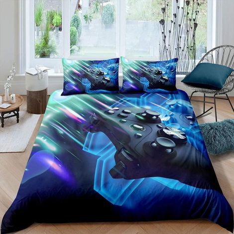 Bettwäsche Set 135x200cm mit Kissenbezug 80x80cm, Gamer Design Blau Hexagon