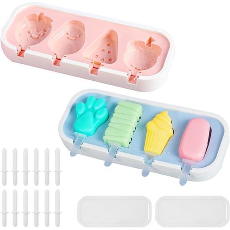Moldes de silicona para hielo,juego de 2 piezas,moldes con 4 cavidades,que incluyen moldes para polos,sorbetes y helados,en color azul y rosa (1/2)