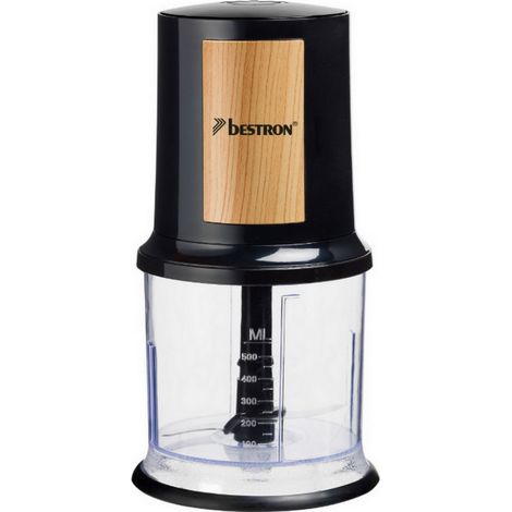 Bestron Tritatutto elettrico, tritatutto universale con due coltelli da taglio e capacità 500 ml, grande pulsante a pulsante, 400 Watt, collezione Black & Wood, colore: nero/legno (1/4)