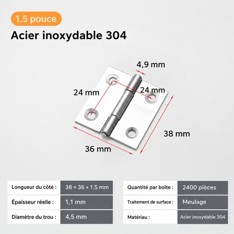Charnière plate en acier inoxydable 304 brossé 38 x 36 mm 4 trous 304 1.5 4 38 110 g – Livraison gratuite