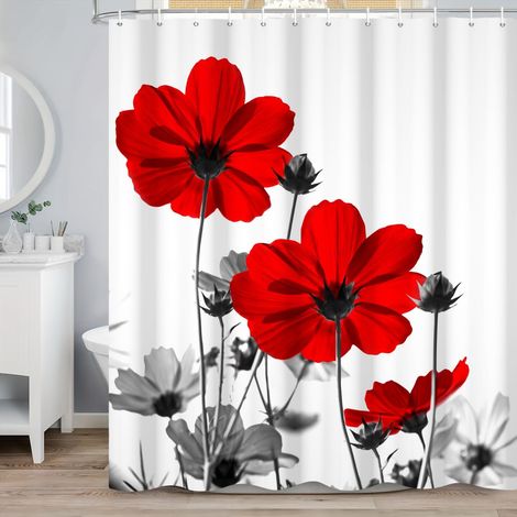 Rideau Douche Rouge Fleurs 180x180 cm, Aquarelle Rouge Gris Marguerite Fleurs Rustique Ferme Imperméable Polyester Textile Lavable Rideau de Baignoire avec 12 Crochets (1/5)