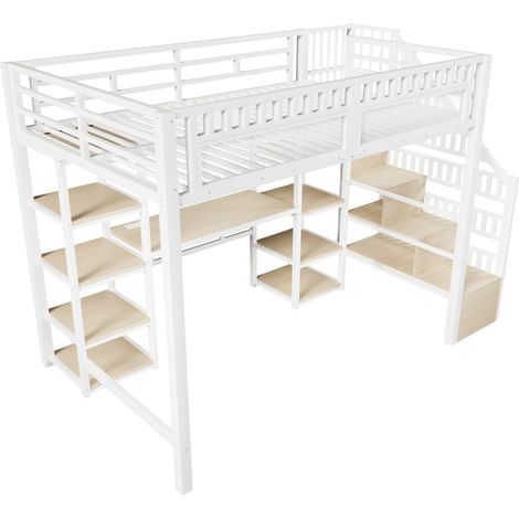Lit mezzanine 140 x 200 cm en métal et MDF blanc avec bureau, rangements, LED et port USB (1/5)