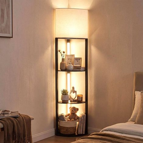Commande au pied, lampadaire d'angle avec étagères, LED dimmable 3 niveaux, 3 tablettes, abat-jour en lin (1/5)
