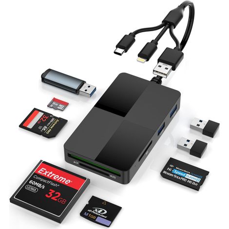 8 en 1 Lecteur Carte SD pour SD/TF/CF/XD/MS/Micro SD avec 3 Ports USB 2.0, Adaptateur Carte SD pour Windows/Mac/Chrome/Linux, Memory Stick Pro Duo Adapter avec Lightning+USB A+USB C (1/5)