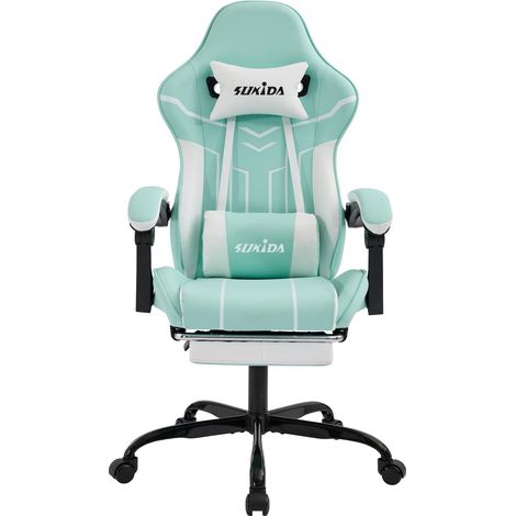 Silla gaming de carreras, ergonómica, de oficina de piel sintética con soporte lumbar y reposapiés, ideal para oficina y gaming (verde y blanco). (1/5)