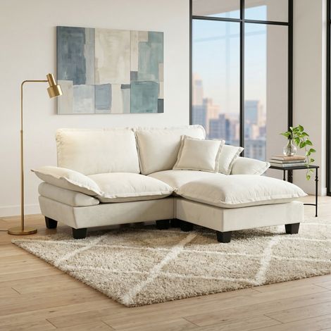 Divano angolare modulare 194.0x151.0x90.0 cm, con ottomana mobile e braccioli removibili, chenille beige (1/5)