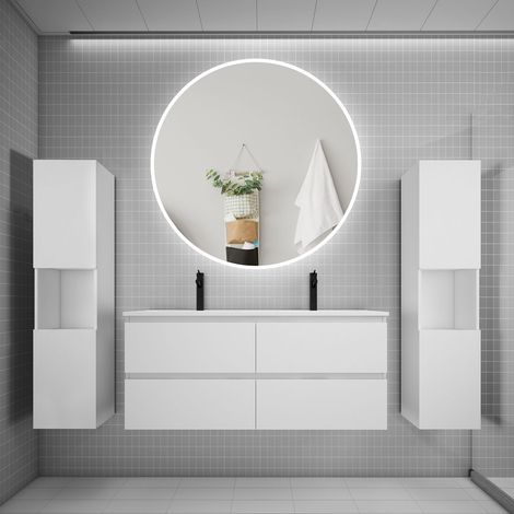Ensemble meuble double vasque L.120cm 4 tiroirs + lavabo + LED miroir rond 120cm + 2colonne,blanc A