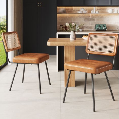 Sedia da pranzo 61x46x79 cm in PU e metallo, stile retrò con schienale in rattan e piedini regolabili (1/5)