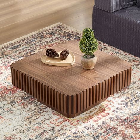 Mesa de centro cuadrada (80x80x35 cm), diseño clásico, tablero con chapa de nogal, marco de madera maciza, MDF, color nogal (1/5)