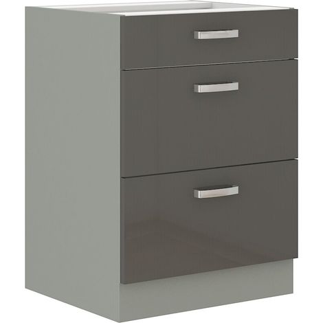 Küchen Unterschrank 60 cm Grau Hochglanz Vollauszug Soft-Close Küche Grey Bianca (1/4)