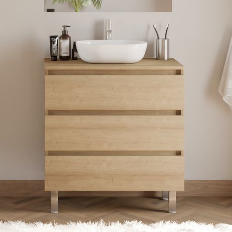 Meuble de salle de bain 80cm avec plateau et vasque à poser arrondie - 3 tiroirs - sans miroir - nebraska (chêne clair) - MAYOR