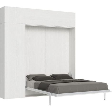 Lit escamotable avec colonne de rangement et éléments hauts bois frêne blanc kanto 160x190 (1/5)