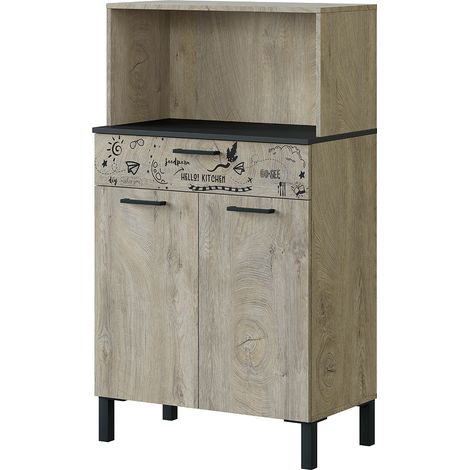 Buffet meuble de rangement de cuisine coloris gris anthracite/chêne à nœuds avec impression digitale -H126 x L72 x P40cm