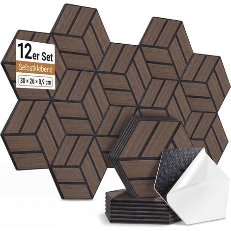 Lot de 12 panneaux acoustiques hexagonaux - Panneaux muraux autocollants - Haute densité - Absorbeurs acoustiques - Pour studio, bureau, traitement acoustique et décoration de jeux (marron foncé)