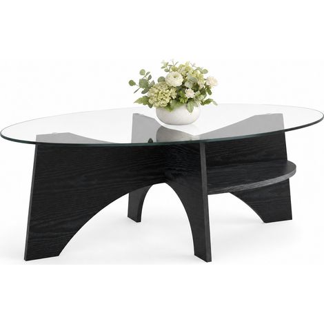 CHICFURN Mesa de centro ovalada de vidrio de seguridad 104,9 x 60 x 35,6 cm negra, montaje sencillo (1/5)