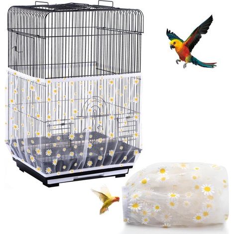 Protection anti-fuite pour cage à oiseaux - dimensions 40 x 221 cm - maille en nylon - jupe élastique universelle pour cage - motif marguerite blanche (1/5)