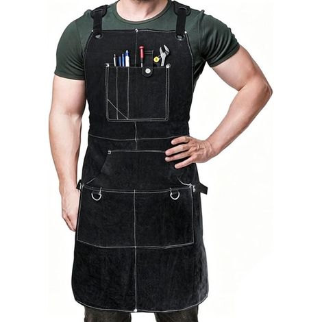 Delantal de trabajo, Resistente al calor, Con 6 bolsillos, Ajustable, Unisex, mecánico, taller, Regalo para el Día del Padre o cumpleaños, Marrón (1/5)