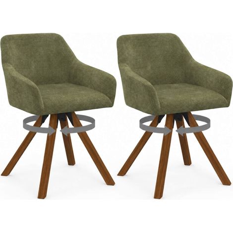 Lot de 2 chaises pivotantes de salle à manger, fauteuils de table JANY en tissu chenille vert et pied noyer (1/5)